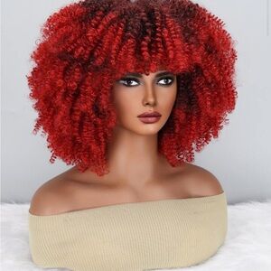 Ansho 15 Inch Short Curly Afro Kinky Wig Synthetic Hair Big Hair Red Black Ombré